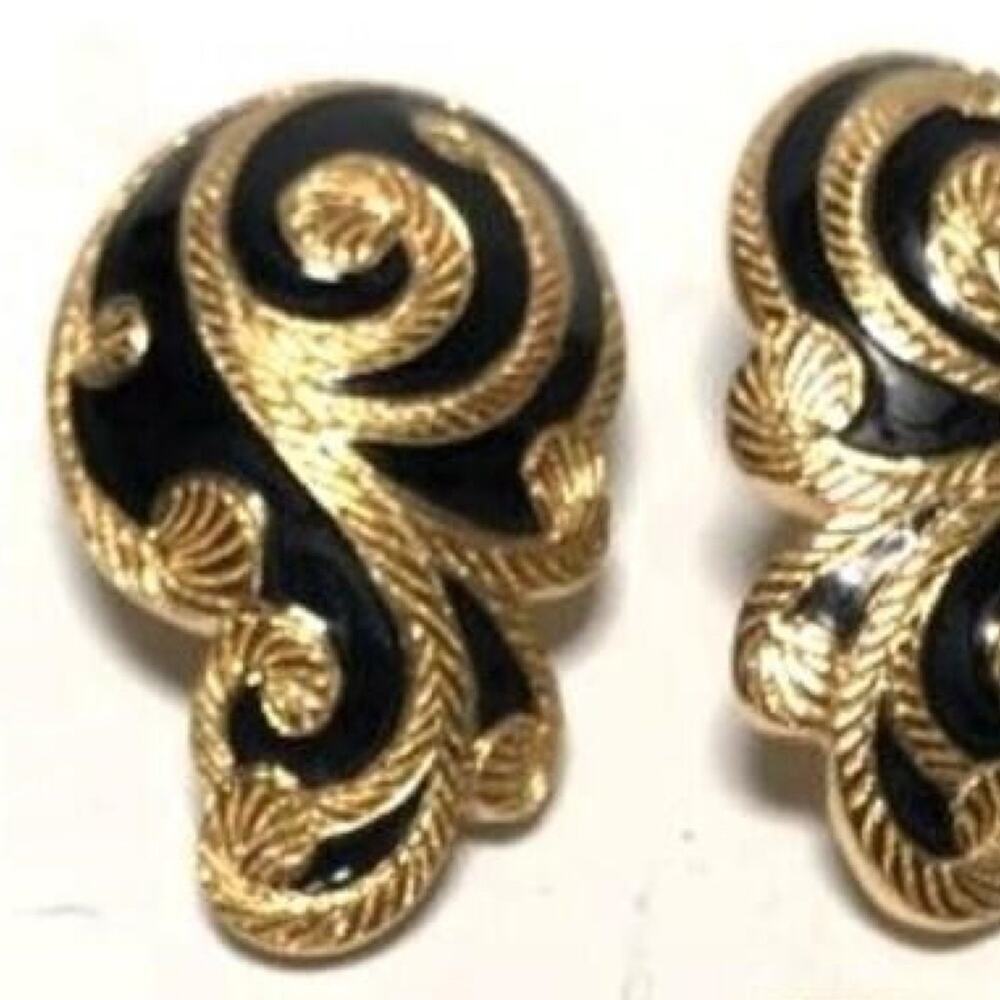 Unique CHRISTIAN DIOR Art Nouveau Large Black Onyx Enamel Earrings